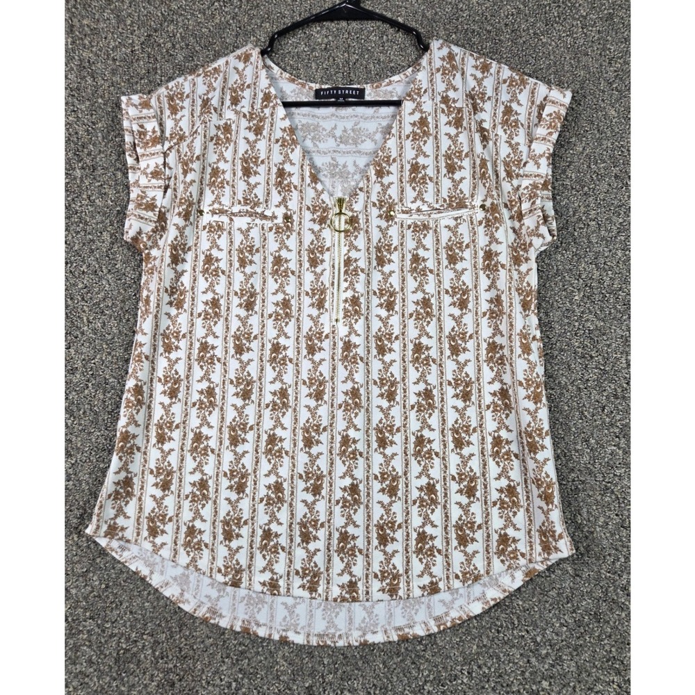 Fifty Street Blouse Women Medium White Brown Floral Stripe Zip Neck TB5002Y-42